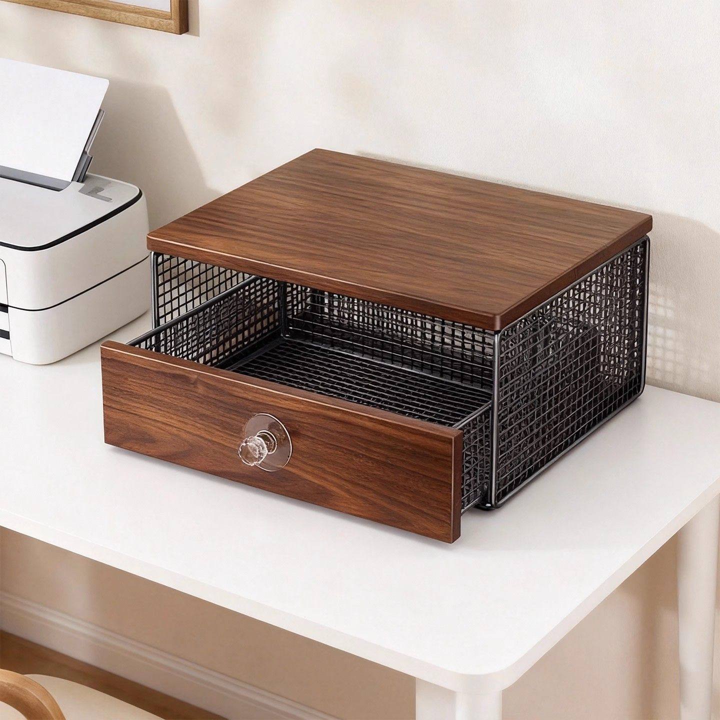 打印机置物架办公室桌面双层复印机架子桌上带抽屉文件收纳放置架