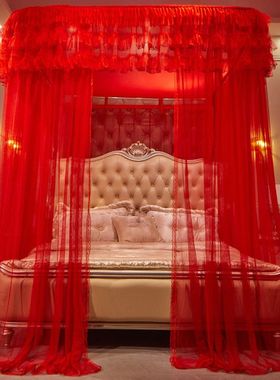 2024新款大红色婚庆导轨蚊帐u型轨道1.8m1.5床结婚家用落地三开门