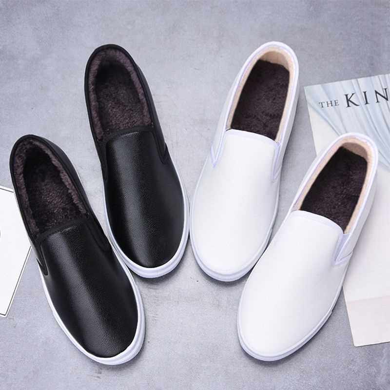 冬季皮面加绒加厚保暖舒适棉鞋女平底百搭防滑防水休闲学生小白鞋