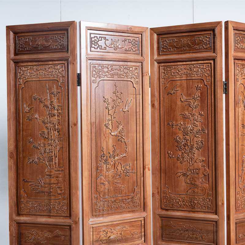 中式仿古隔断客厅办公室玄关实木折屏移动折叠屏风香樟木浮雕遮挡