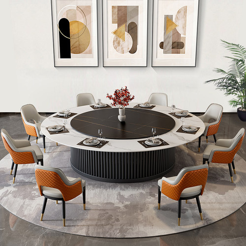 酒店电动餐桌大圆桌15人20人饭店食堂家用黑色岩板旋转圆型火锅桌