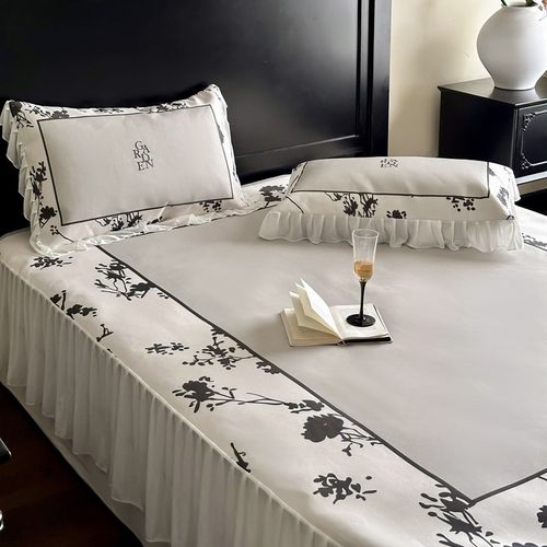 A类夏季冰丝凉感床裙款凉席三件套法式花卉印花可水洗空调席1.8米