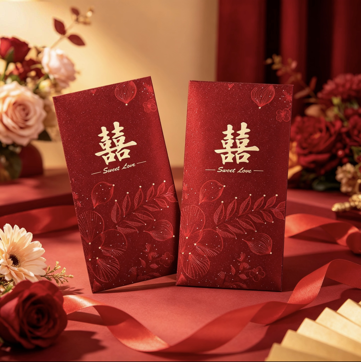 酒红闪金喜字中号可放百元到千元结婚红包 多款可选图片