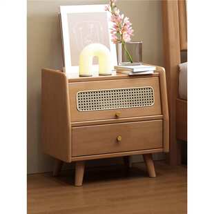 北欧实木藤编床头柜组合卧室床边迷你整装原木风小型收纳储物柜子