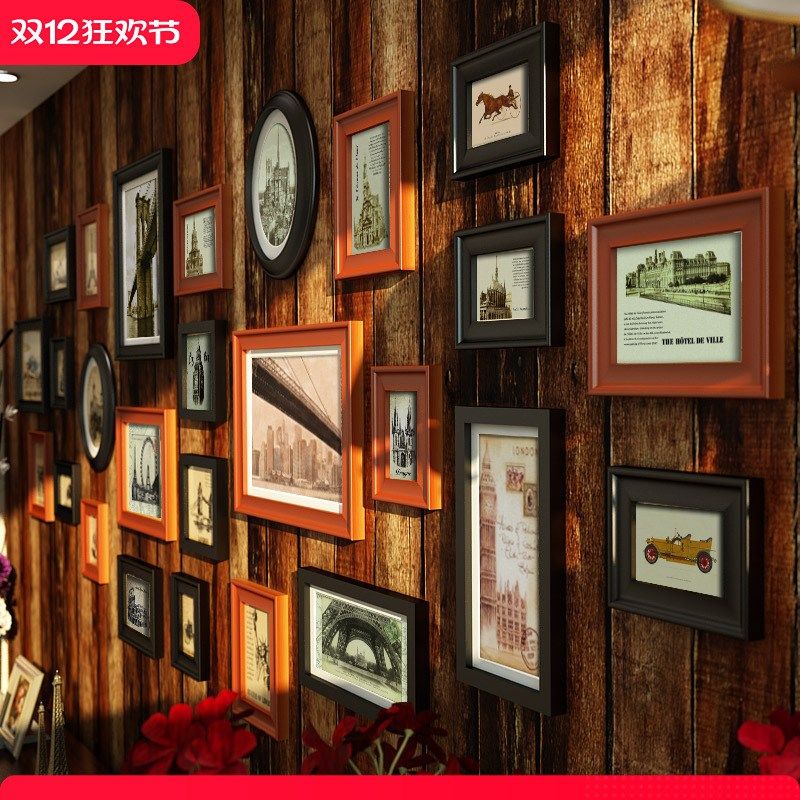 实木照片墙装饰美式相框墙相片欧式背景墙组合画客厅复古挂墙定制
