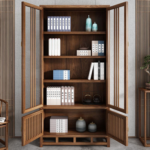 中式书柜带玻璃门客厅书房一体整墙书架组合定制全实木落地展示柜