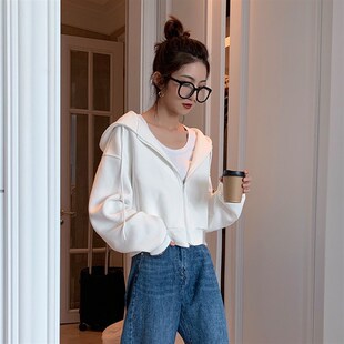 白色连帽卫衣女短款秋冬新款宽松休闲百搭2024上衣拉链开衫外套