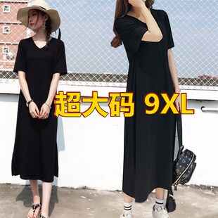 V领短袖连衣裙超大号300斤胖女人240斤大码宽松懒人T恤长裙女夏