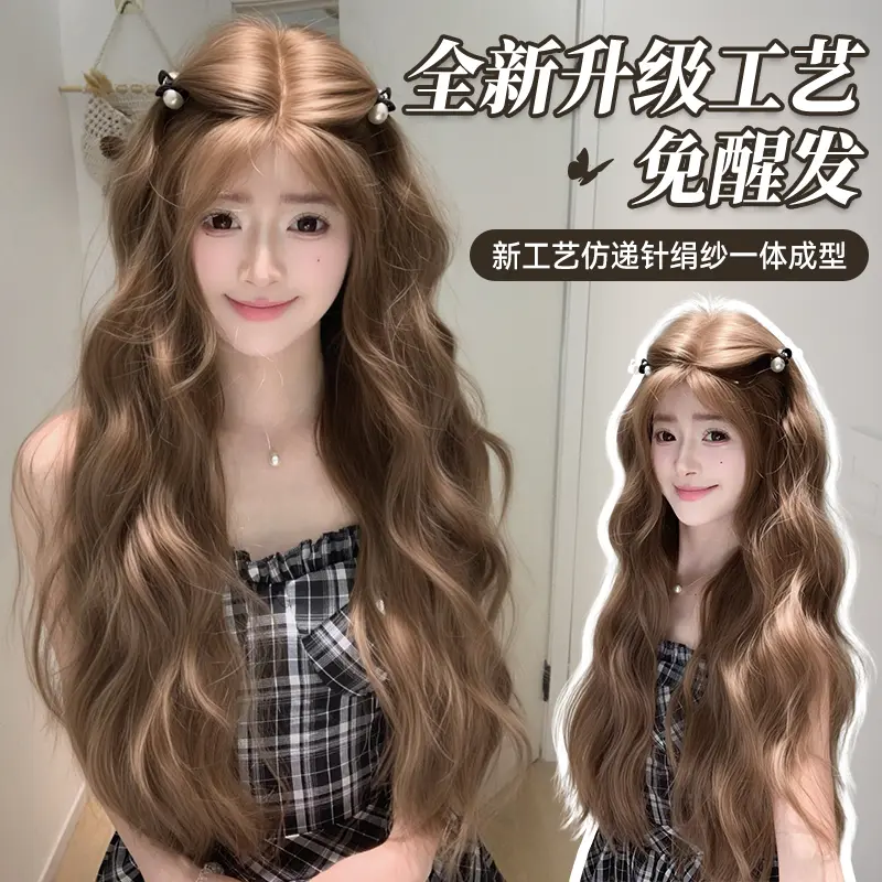 亚麻棕色中分微卷免醒发整顶假发图片