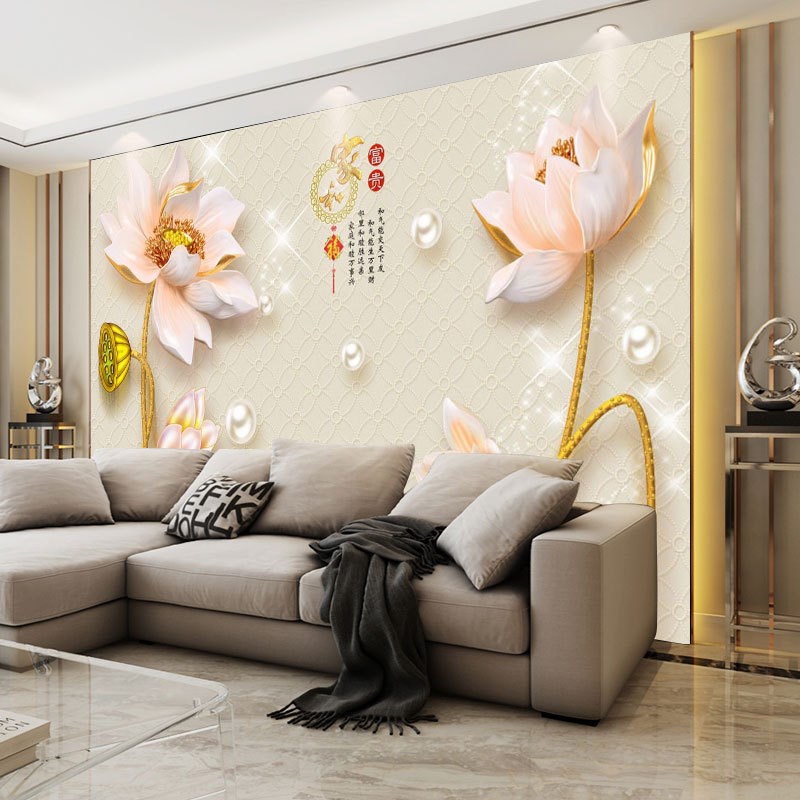 现代中式家和富贵荷花九鱼图客A厅电视背景墙壁纸壁画卧室墙纸墙