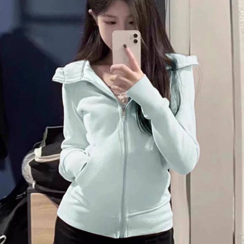 修身卫衣外套女开春穿搭正肩连帽运动收腰短上衣春季绒短外套防晒