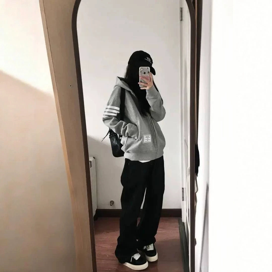 美式复古高街风撞色条纹连帽卫衣女春秋新款百搭宽松灰色开衫外套