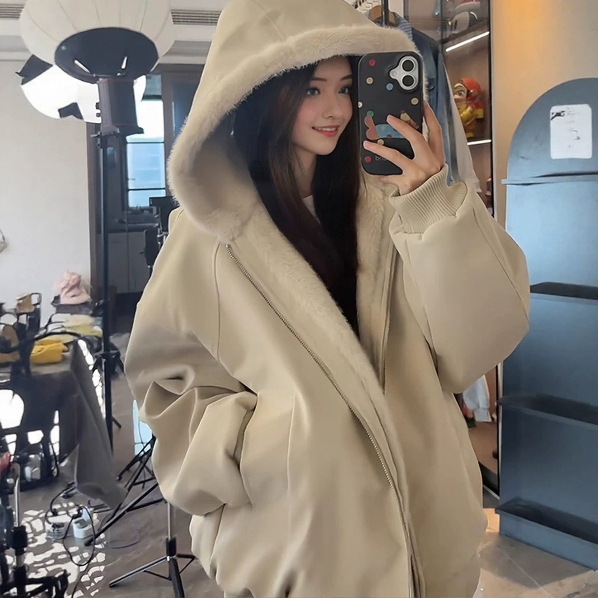 美式连帽座山雕皮衣外套棉服男女款冬季加绒加厚保暖毛领棉衣夹克