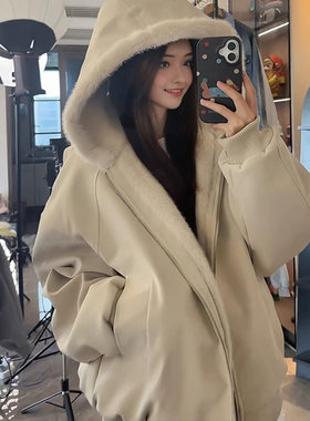 美式连帽座山雕皮衣外套棉服男女款冬季加绒加厚保暖毛领棉衣夹克