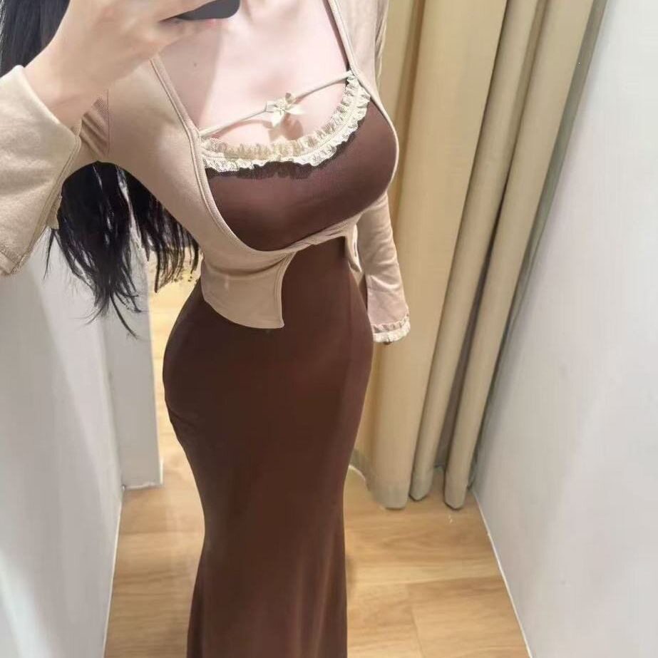辣妹拼接两件套别致绝美连衣裙女秋冬高级感气质修身性感包臀长裙