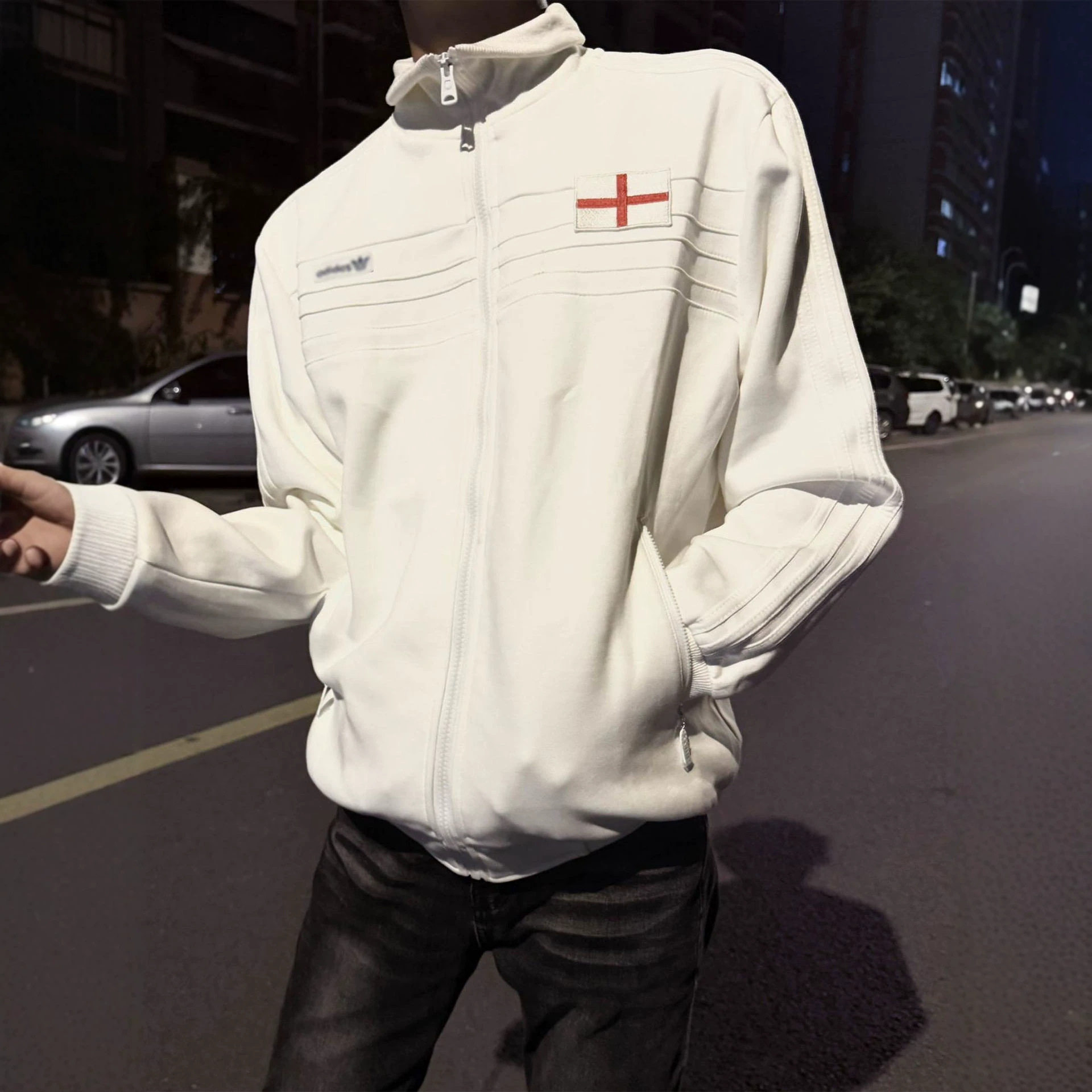 白色美式立领贴标刺绣外套男款秋季短款开衫卫衣cleanfit复古夹克