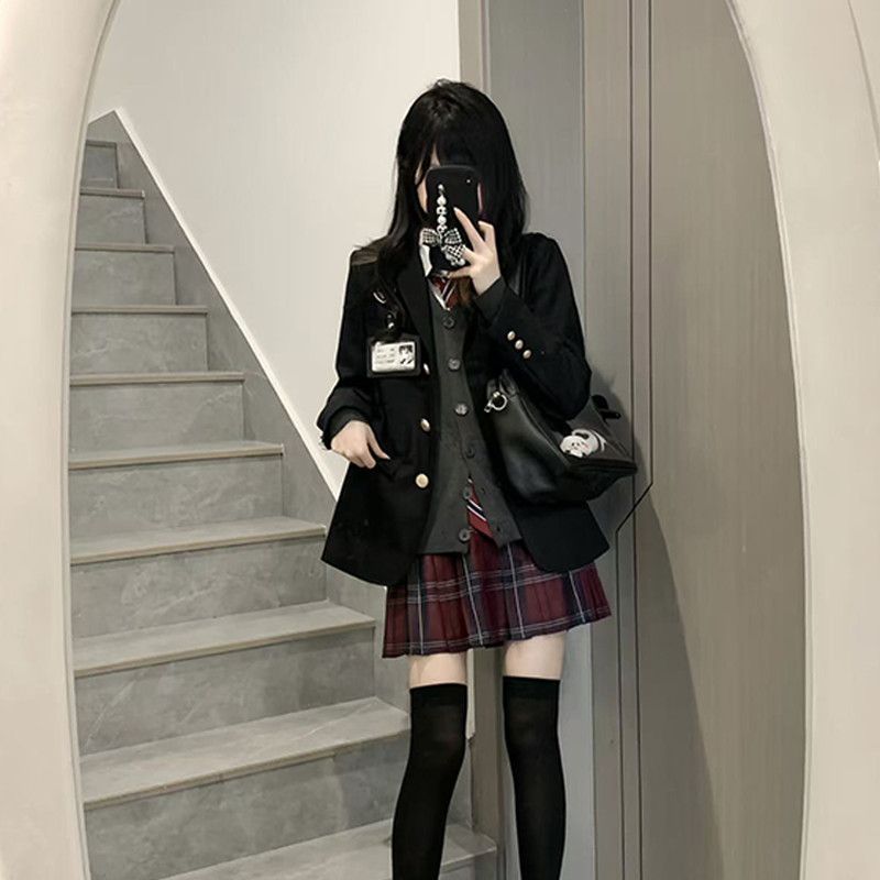 原创jk制服套装女秋冬款正版学院风校供格裙子针织开衫叠穿一整套