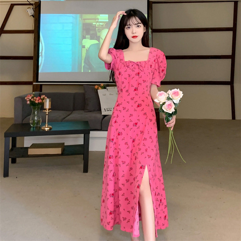 设计感开衩系带连衣裙夏装新款收腰雪纺长裙子ins韩版玫瑰仙女裙