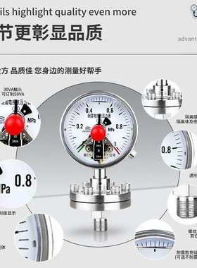 YNXCTP100BF螺纹连接耐强腐蚀精密不锈钢隔膜 耐震电接点压力表