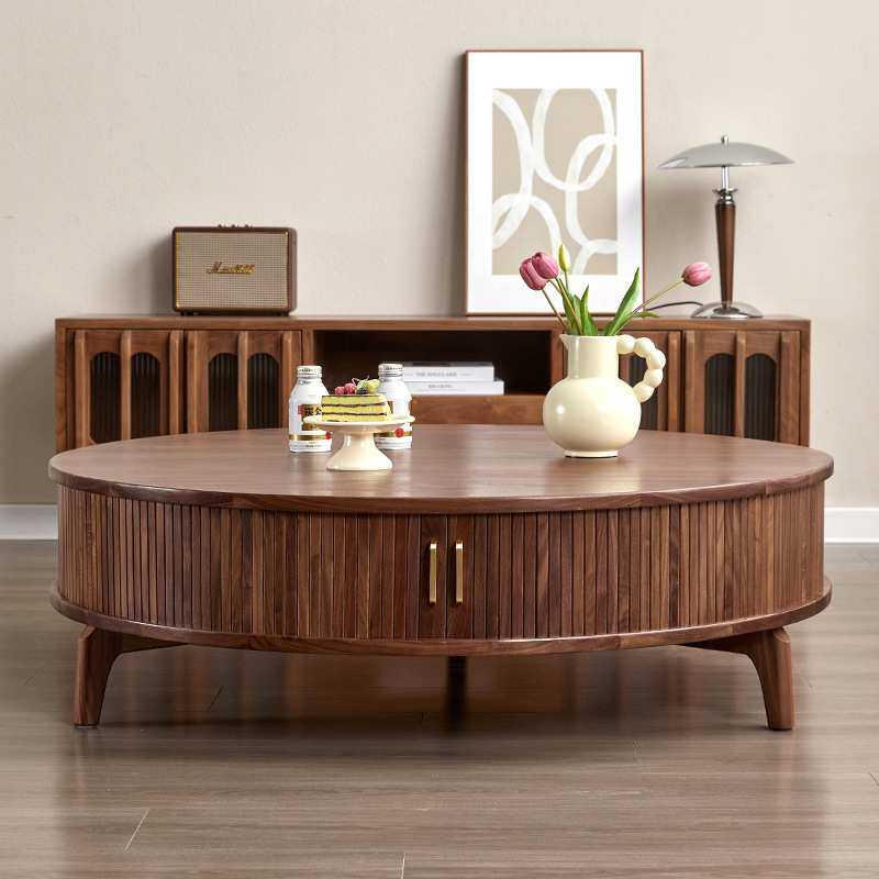 北美黑胡桃全实木圆形茶几现代简约樱桃木原木客厅多功能储物茶几