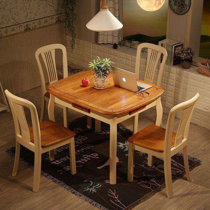 地中海实木餐桌椅组合田园长方形小户型家庭方桌伸缩折叠家用饭桌