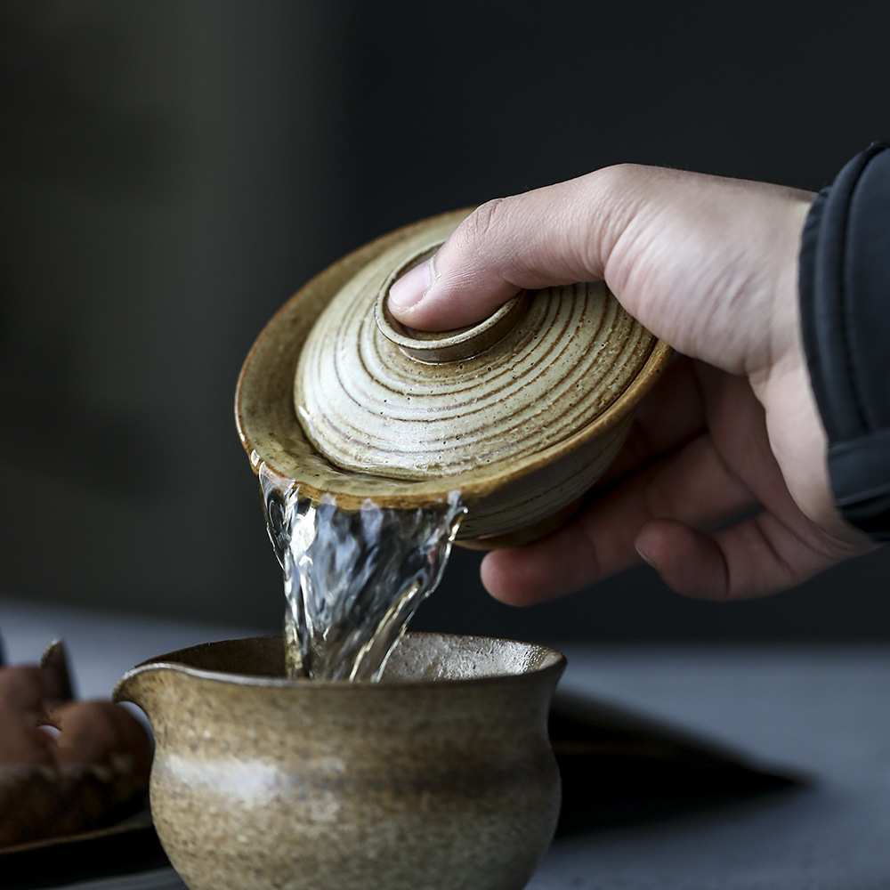 瀑布出汤景德镇全手工高温柴烧落灰裸烧紫金陶泥盖碗 紫砂泥养彩
