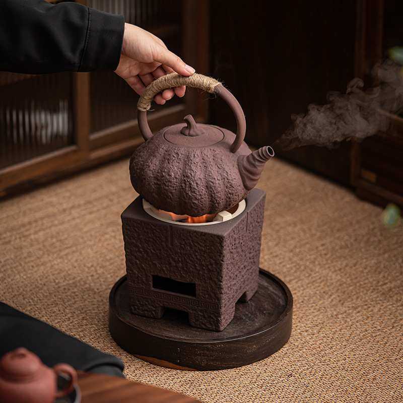 古早烧粗陶铁锈釉提梁烧水壶 日式侧把壶炭炉酒精炉煮茶器套装