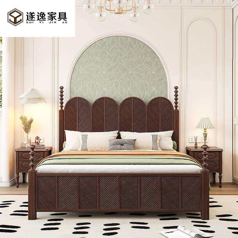 法式经典复古全实木床美式雕花罗马柱主卧室储物1.8米双人床咖色