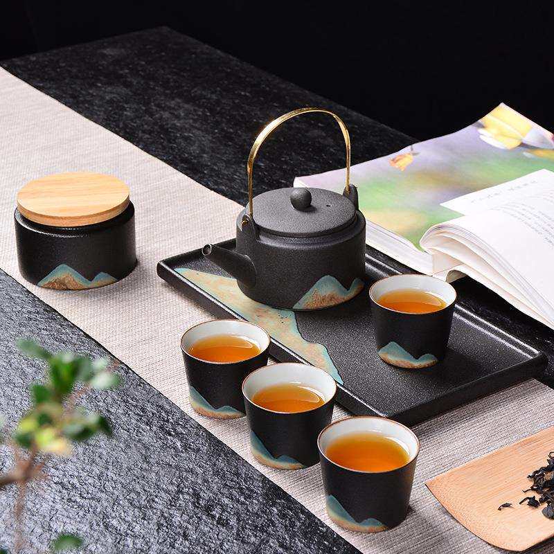 日式粗陶茶具家用和风提梁壶茶杯小茶台陶套装陆宝画彩干泡盘简约
