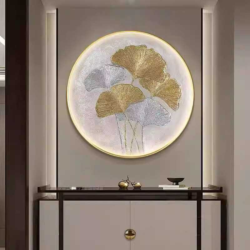 大芬村纯手绘油画金箔银杏叶圆形玄关装饰画入户轻奢现代简约挂画