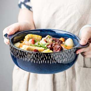 创意8英寸大号汤碗 家用防烫手柄陶瓷碗面碗北欧深碗双耳大碗餐具