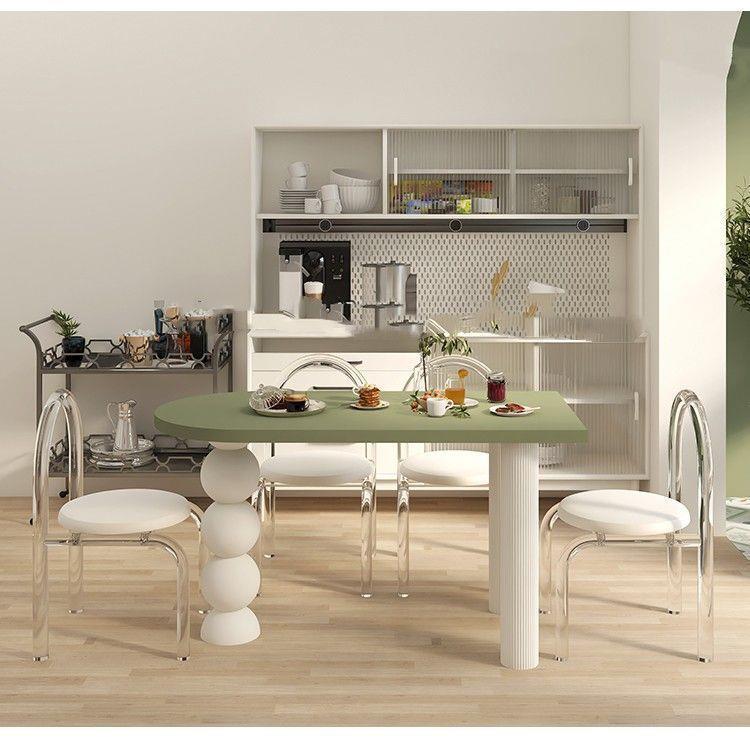 奶油风实木半圆岛台餐桌法式客厅家用小户型饭桌简易新款岩板书桌