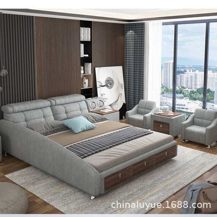 皮艺床现代简约榻榻米床主卧小凳子多功能智能储物梳妆台双人婚床
