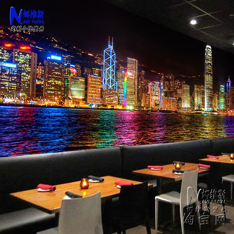 餐饮美食背景墙j壁纸3D立体香港城市夜景装饰壁画个性工装墙纸墙