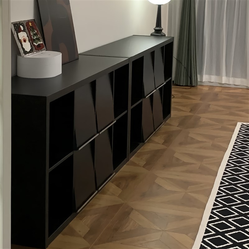 实木覆古斗柜卧室靠墙收纳柜大容量置物柜K床尾柜黑色格子柜收纳