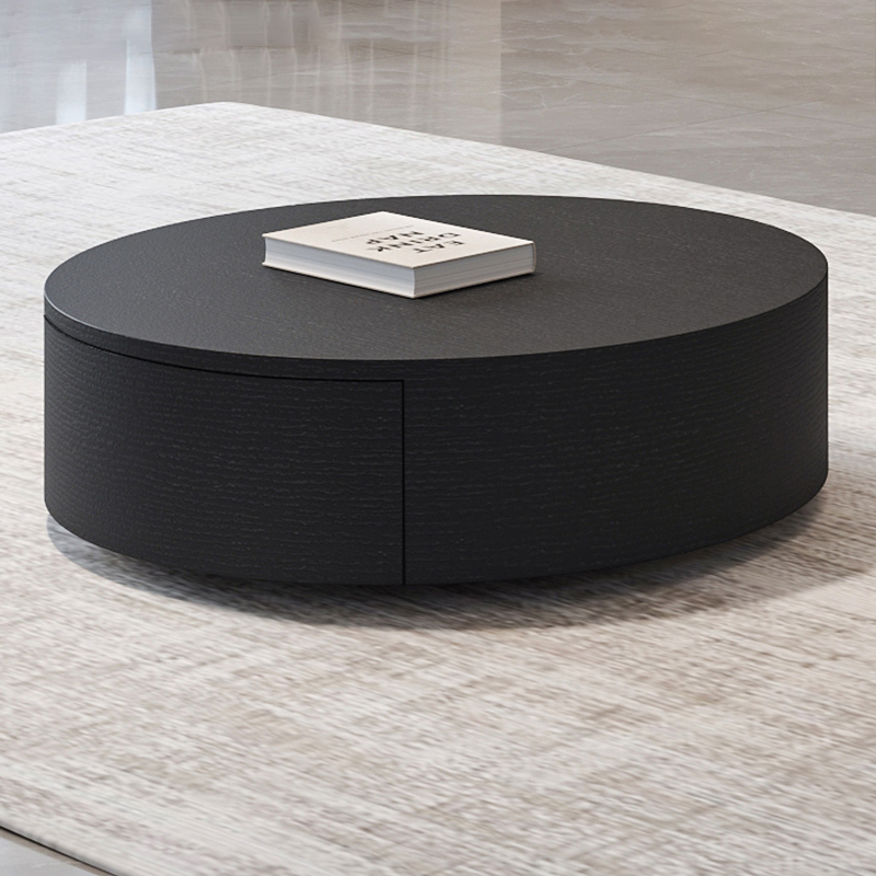 现代简约黑色小户型家用客厅y茶几极简圆形双抽屉实木多层茶几桌