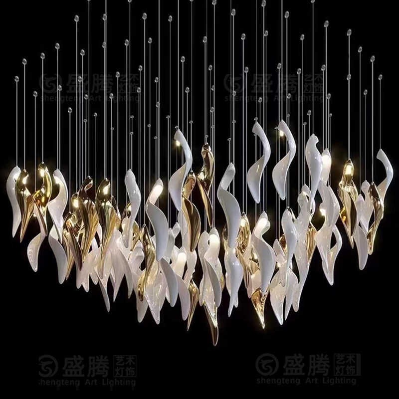 定制酒店会所餐厅大n厅金色扭叶创意吊灯沙盘过道别墅异形装饰灯