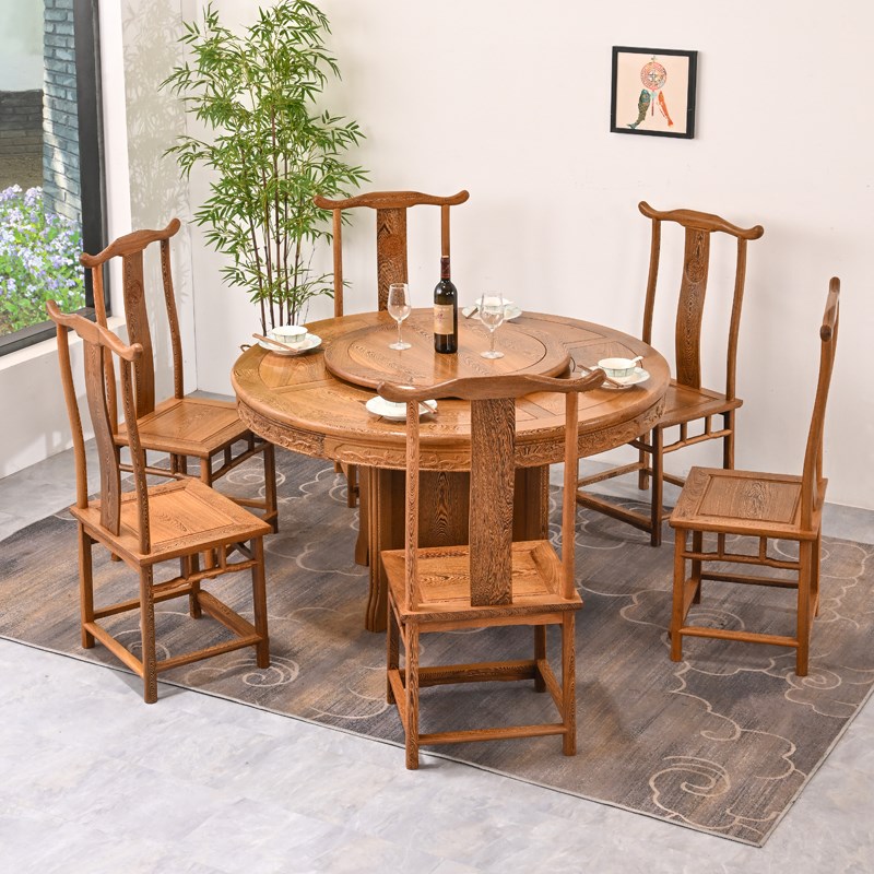 鸡翅木圆形餐桌带转盘红木圆桌家用仿古中M式实木餐桌椅组合大酒