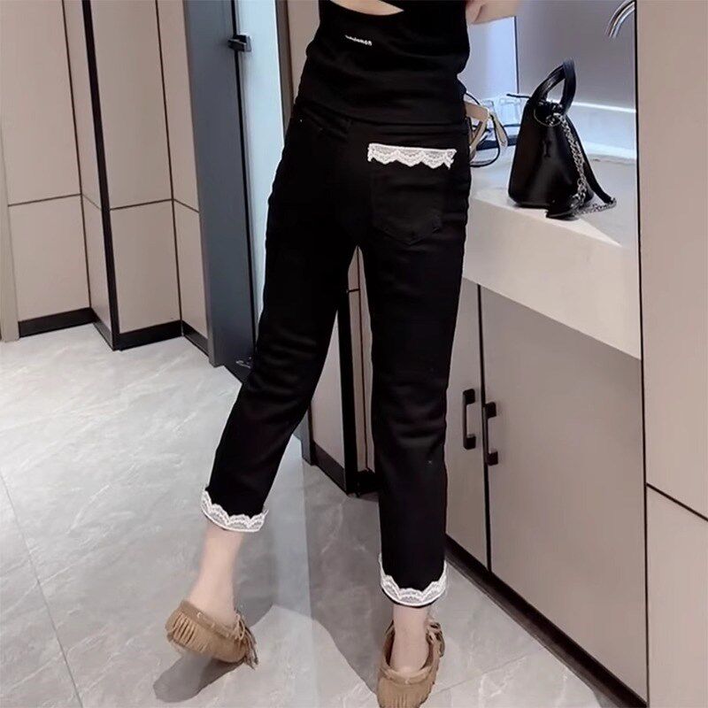 黑色蕾丝拼接牛仔裤女夏季薄款大码胖mm梨形身材高腰显瘦直筒裤子