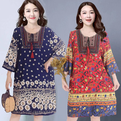 棉绸碎花民族风五分袖连衣裙夏季薄款宽松中裙花色春季旅游a字裙