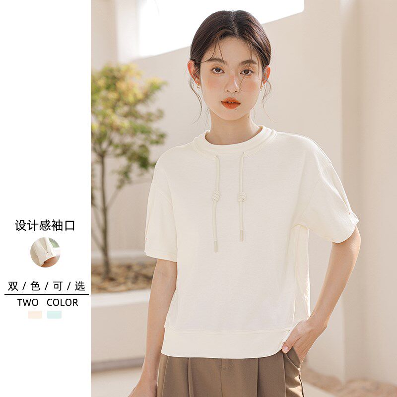 抽绳圆领卫衣短袖T恤女夏白色设T恤