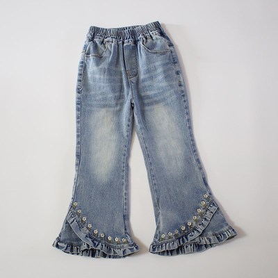 2025春秋女童牛仔裤喇叭裤甜美柔软弹力110-150码女宝长裤刺绣花