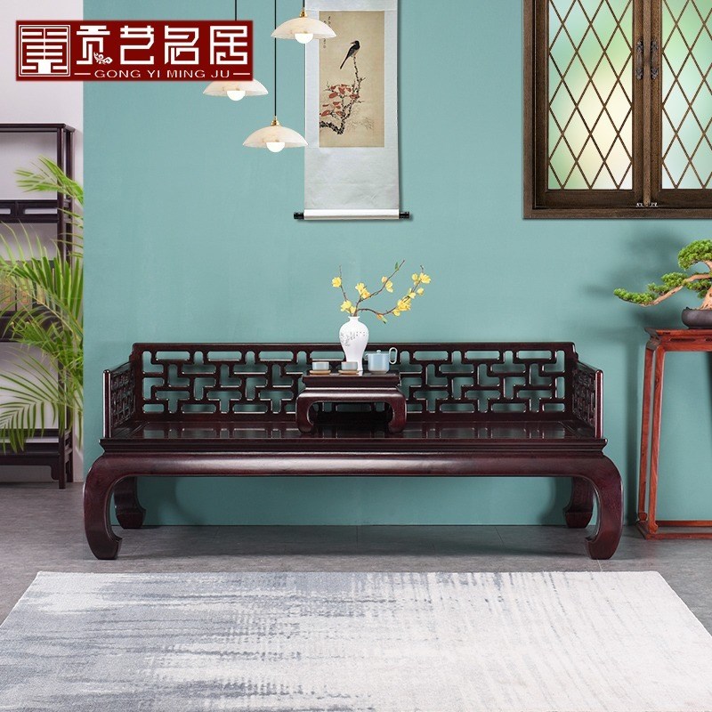 红木家具 赞比亚血檀曲几罗v汉床 实木中式罗汉榻 明清沙发床 床