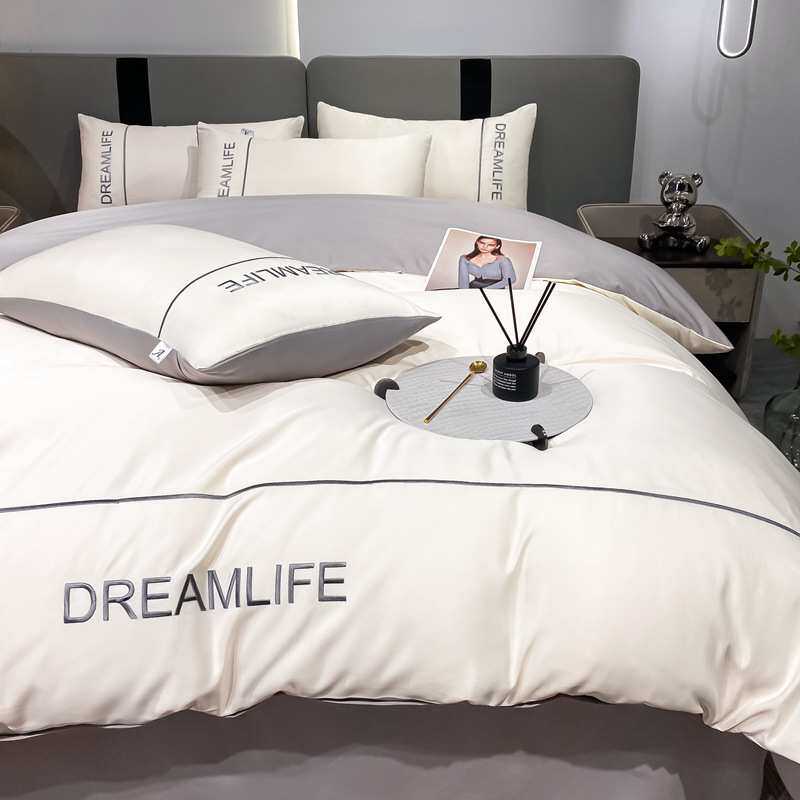 水洗真丝轻奢刺绣四件套冰丝丝床单被套床笠床上用品刺绣款床笠款