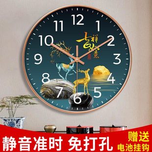 新中式静音钟表 挂墙上客厅卧室时钟家用挂钟创意免打孔石英钟表