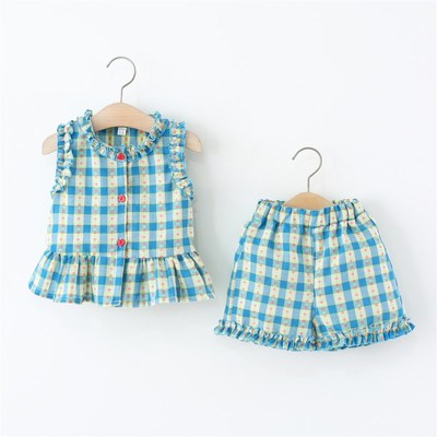 童装女童套装夏季小童女宝宝格子无袖上衣短裤两件套洋气儿童衣服