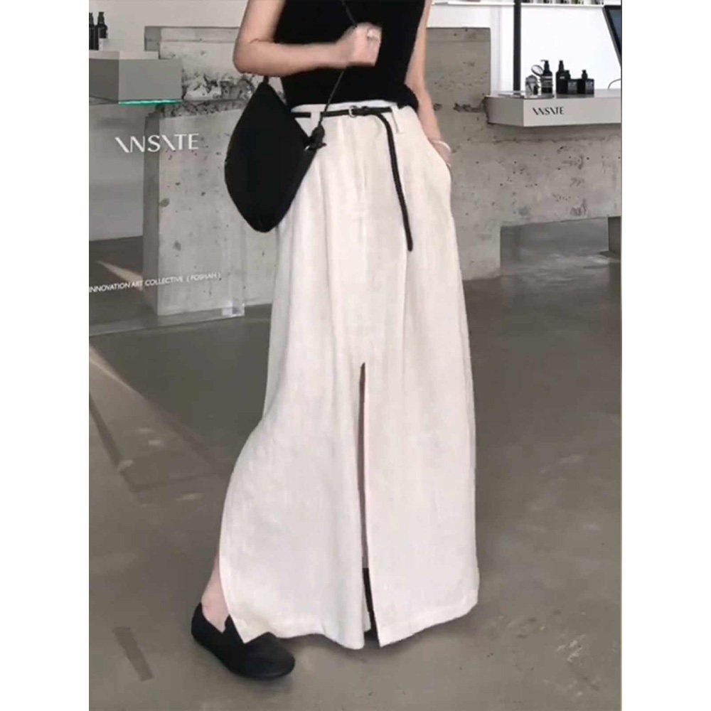 垂感开叉a字棉麻半身裙子