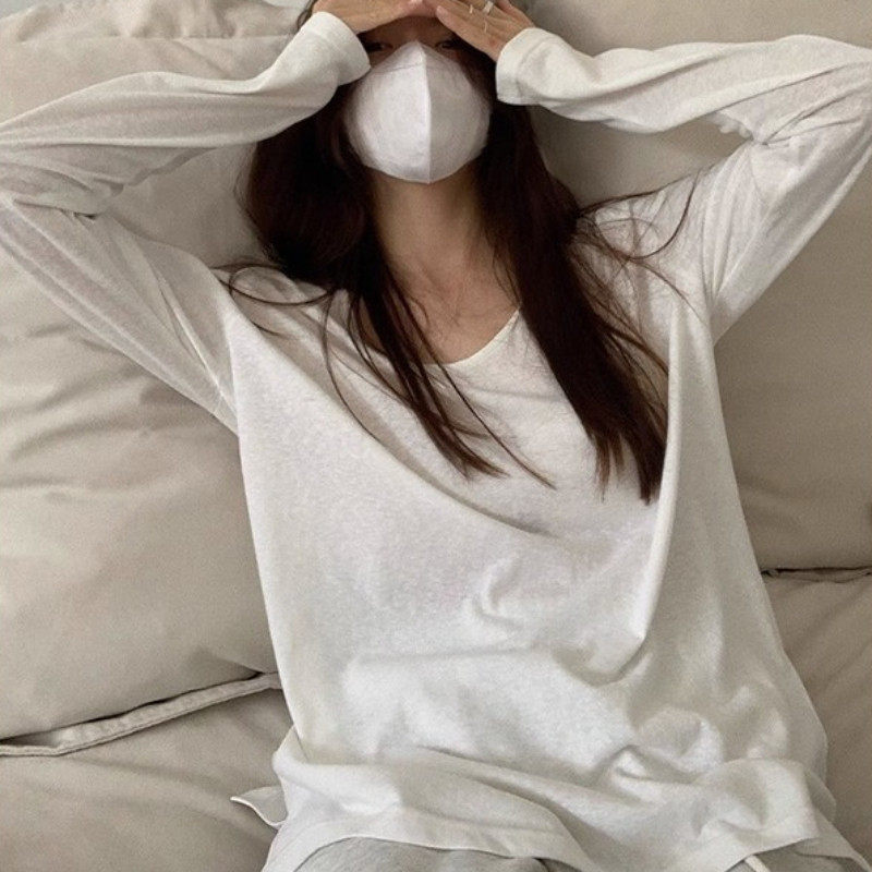 低领白色长袖T恤女春秋韩