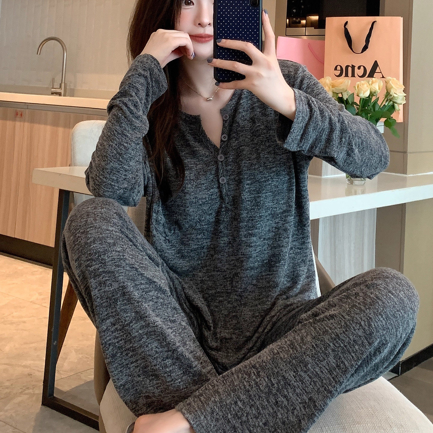 带胸垫睡衣女款春秋季棉