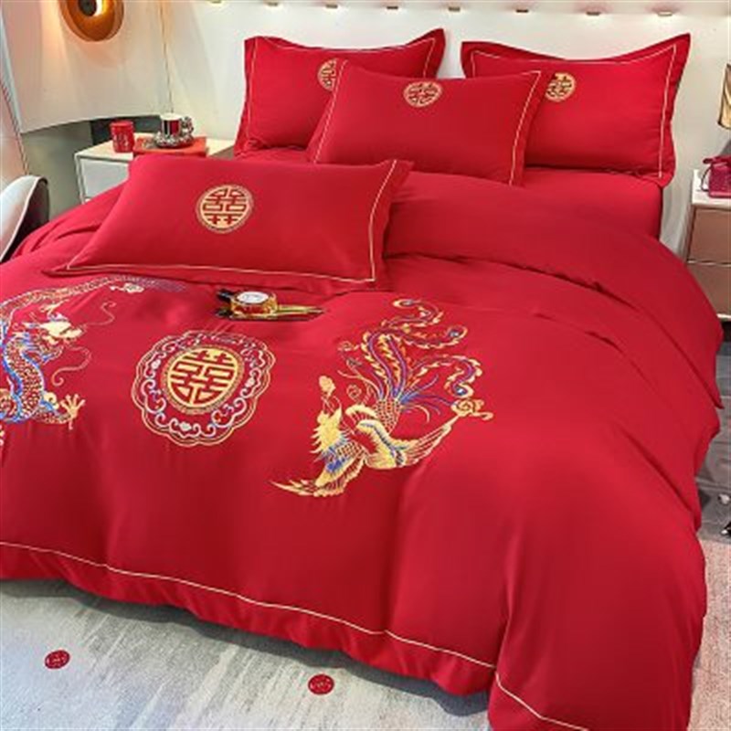 新款婚庆大红色结婚嫁套件磨毛刺绣花床单床笠款1.8米2m床四件套图片